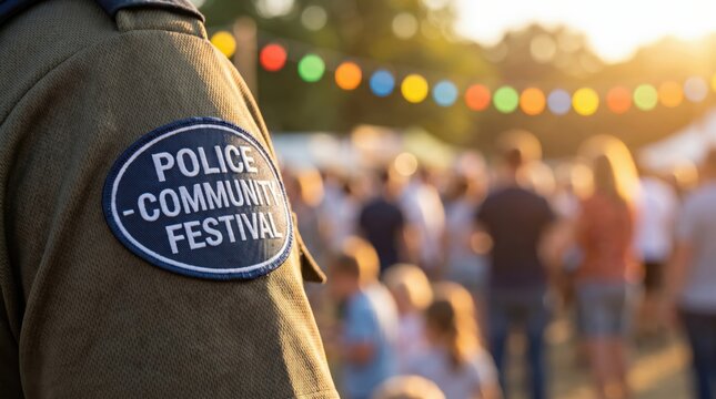 Police Officer Shoulder Patch at Community Festival Event Promoting Public Safety and Neighborhood Engagement