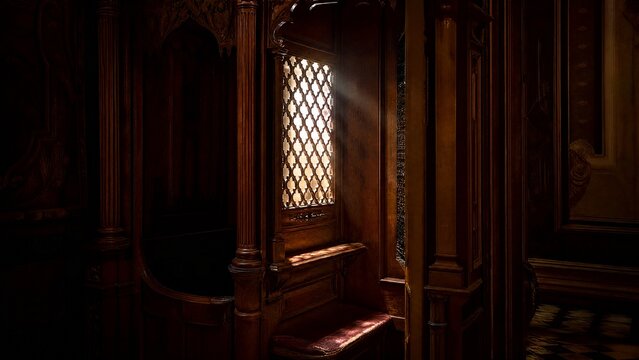 A vintage wooden confessional booth with light filtering through its lattice grill.