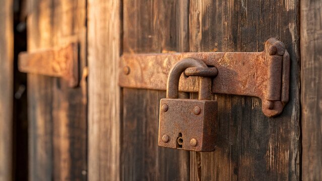A weathered rusty hasp and padlock on a rustic barn door.
