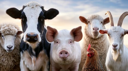 Obraz premium Farm animals gather in countryside under sunny skies with a cow, sheep, pig, chicken, and goat in the rural landscape