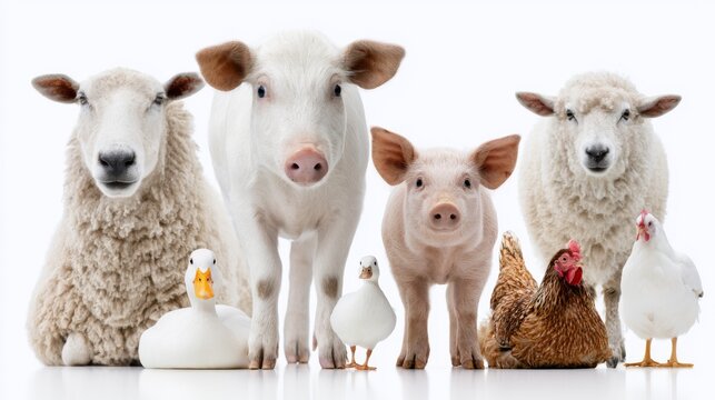 Farm animals standing together on a clean white background showcasing cow, sheep, pig, duck, and chickens in vivid detail