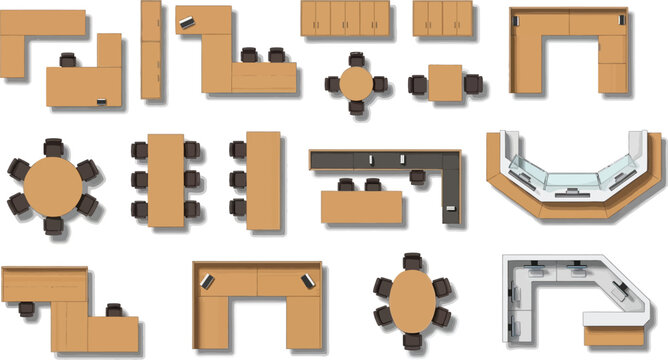 Office furniture top view set including desks tables chairs and workstations for interior design planning and architectural floor plan layouts