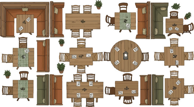 Top view restaurant furniture set with wooden tables chairs and booths for interior design floor plan layout vector illustration