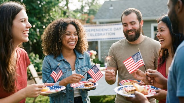 Diverse Group of Young Adult Friends Celebrating Summer Holiday with American Flags and Sparklers Outdoors