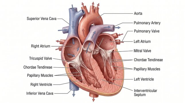 Detailed anatomical illustration of the human heart chambers and valves