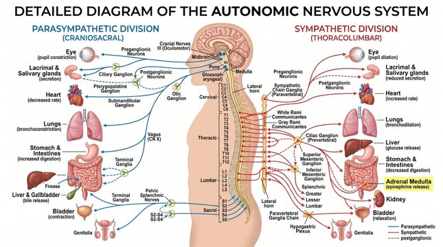 Detailed diagram of the autonomic nervous system and human anatomy