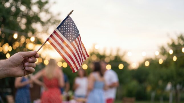 Hand holding small American flag at outdoor summer party with blurred people in background for patriotic celebration