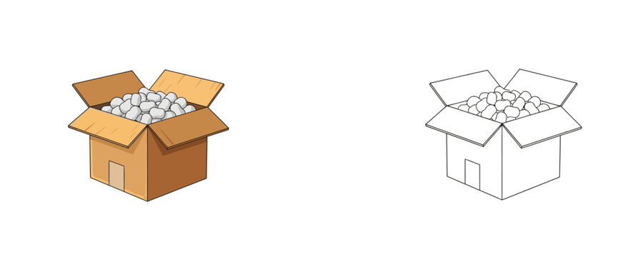 Cardboard box with foam peanuts packaging illustrations in cartoon style with brown and grey colors representing shipping cushion fill isolated on a white background