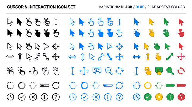 Cursor and Interaction Icon Set: Black, Blue, Flat Accent Colors