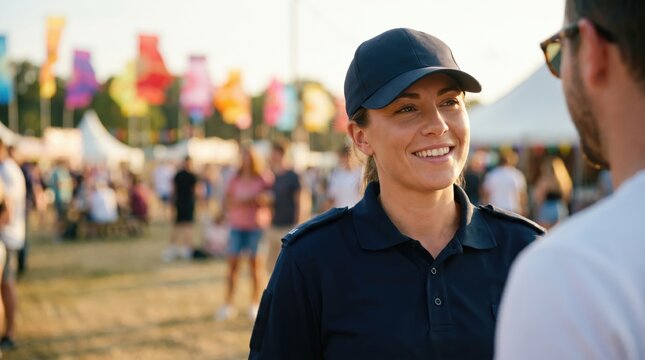 Female Security Guard Talking to Visitor at Outdoor Music Festival Event