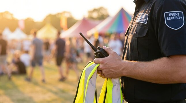 Male Event Security Guard Holding Radio and High Visibility Vest at Outdoor Music Festival Crowd Management