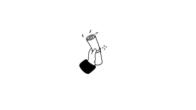 Animation of a hand triumphantly holding a rolled diploma certificate