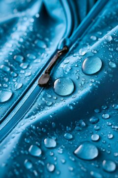 Close-up view of a waterproof blue jacket with rain droplets suitable for hiking and outdoor adventures in the wilderness