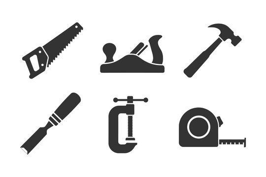 Silhouette icon set of essential carpentry hand tools featuring saw plane hammer chisel clamp and measuring tape.