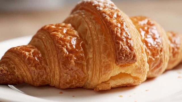 Freshly baked golden croissants with flaky layers and a dusting of powdered sugar