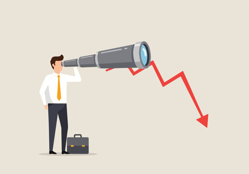 Businessman with telescope and falling graph. Vector. Flat Style. Smooth. Business concept.