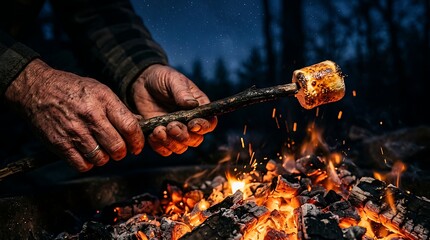Fototapeta premium Senior hands roasting a golden marshmallow over a cozy campfire night