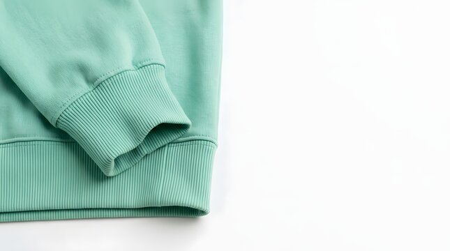 Mint green sweatshirt sleeve and ribbed hem detail on white background