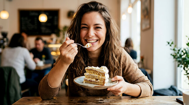 Happy woman eating a slice of creamy layer cake with a fork in a cozy cafe smiling at the camera with a messy face from dessert lifestyle photography