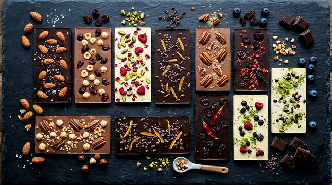 Artisanal chocolate bars with nuts and fruits on slate board
