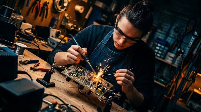 Focused technician soldering electronic components on a circuit board