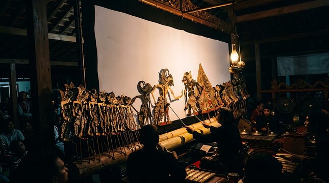 Wayang kulit traditional shadow puppet performance in indonesia