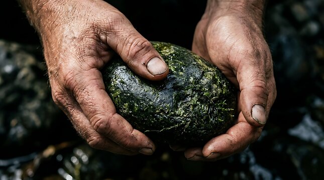 Rough hands holding a wet mossy stone close up