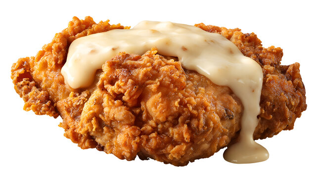Crispy country fried chicken topped with rich cream gravy, golden brown and freshly prepared, isolated on a white background.