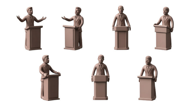 3d miniature people delivering speeches from podiums isolated on white suggesting presentations or public speaking for illustrative use