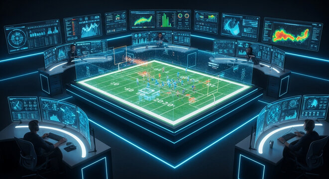 High tech sports control room with holographic football field