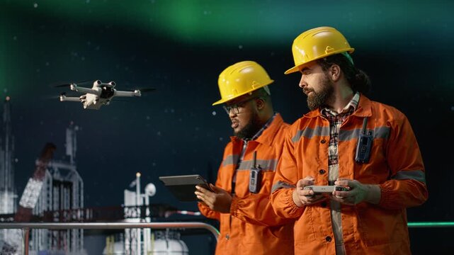 Drilling ship specialists using aerial reconnaissance gadget to circumvent maritime embargo while offshore platform technicians work together, using drones to find fossil reserves during oil crisis.