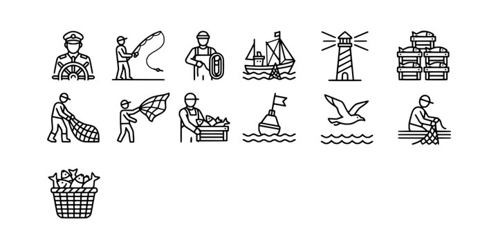 Icon set collection of professional fishing industry equipment, maritime symbols, ships, navigation tools, seagulls, and commercial fish harvesting gear.