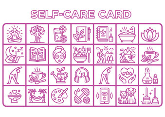 Fototapeta premium Pink self-care card grid with many mini wellness icons including yoga, tea, reading, bath, nature, music and mindfulness activities.