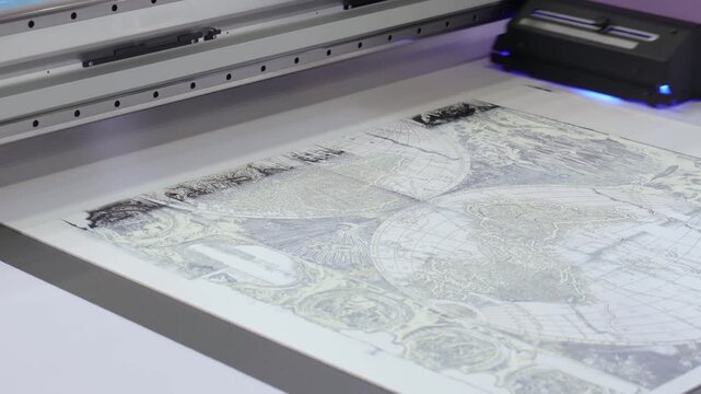 Industrial uv flatbed printing machine working on large format world map design.