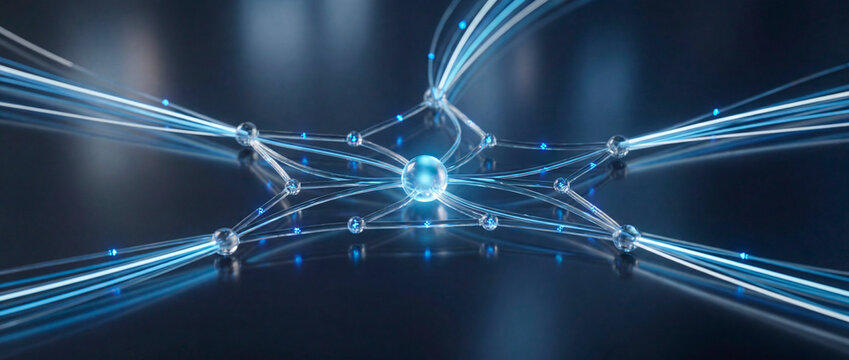 Translucent sphere node linked by blue fiber optic strands in dark neural network