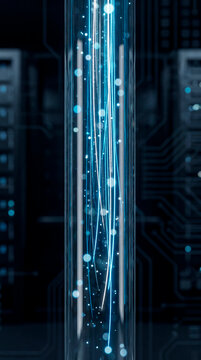 Blue fiber optic light particles rising inside glass tube over circuit board