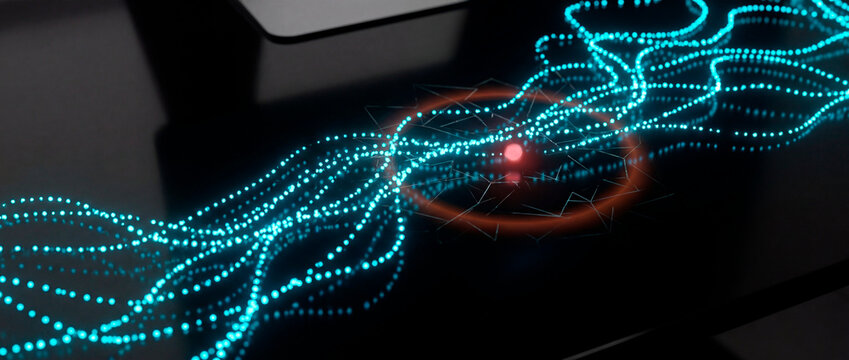 Flowing blue data streams orbiting a glowing node on dark reflective surface