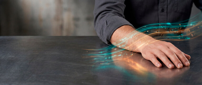 Businessman hand on metal table connected to glowing circuit data light streams