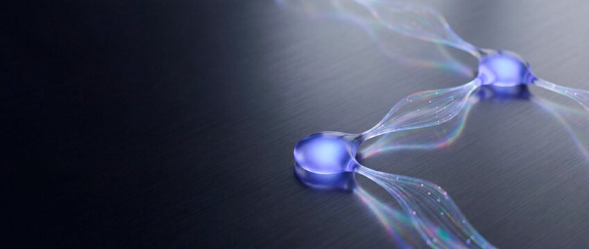 Two glowing purple data droplet nodes linked by fiber strands on dark metal