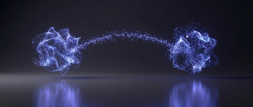 Entangled blue particle data clusters connected across dark reflective surface