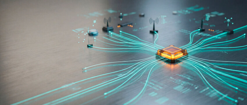 Glowing microchip transmitting data through teal fibers to wireless devices