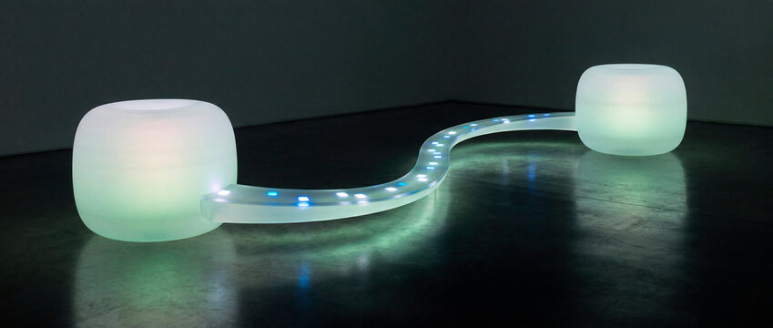 Two frosted glowing pods connected by curving lit bridge in dark art gallery