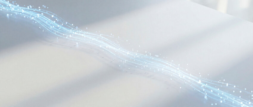 Minimal blue fiber optic light stream flowing over soft pale abstract surface