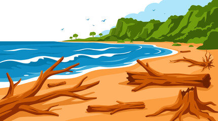 Fototapeta premium Driftwood Beach Landscape with Ocean Waves and Green Hills