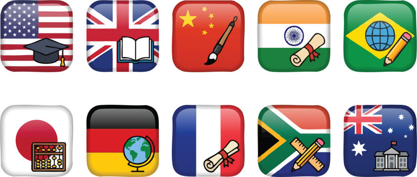 International education and study abroad icons with world flags