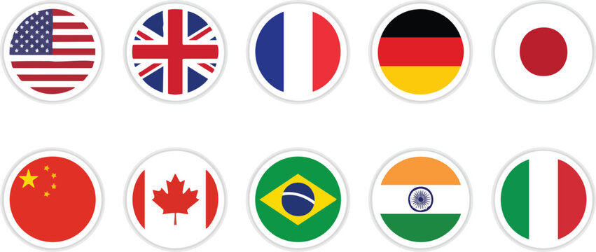 Collection of circular world flag icons on a white background