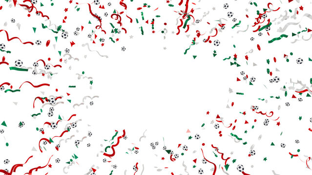 3d realistic render of a circular border frame made of mexican flag colored confetti spiraling ribbons and miniature footballs for world cup 2026 copy space layouts