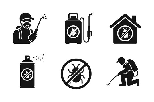 Pest control icons featuring professional exterminators spraying chemical insecticides and insect warning symbols