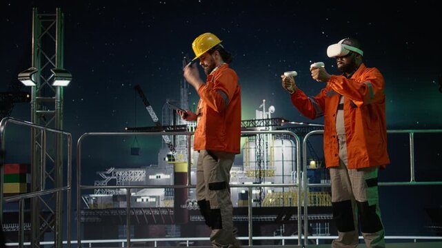 Using virtual reality, oil crisis operational issues and offshore platform engineer while monitoring supply chain shipping lanes with VR, blockade and drilling rig expert, for energy operations.