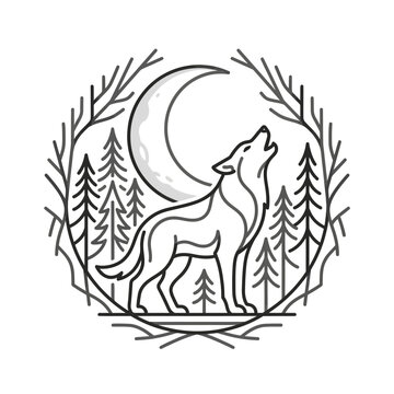 Wolf howling at crescent moon.